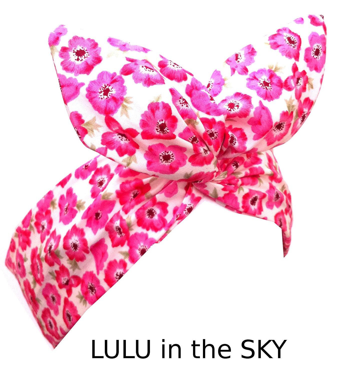 White with Pink Poppy print  - Pin up WIRE ROCKABILLY Headband Kitsch Hair Wrap