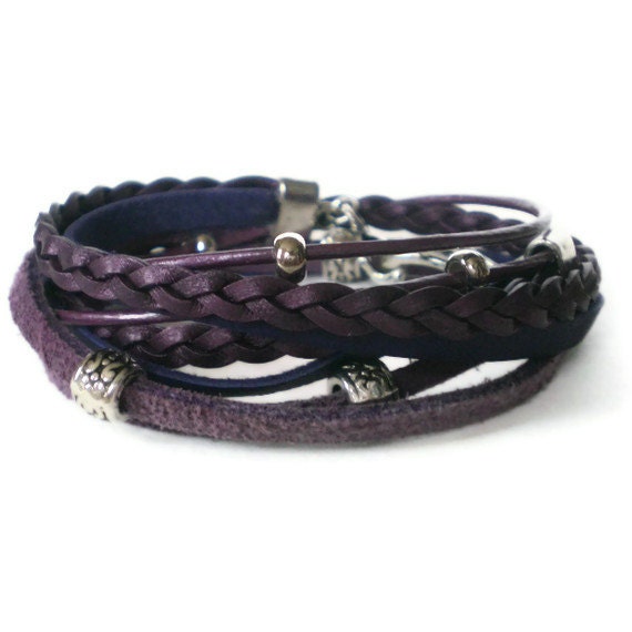 purple wrap bracelet, leather, suede, boho chic, silver, hook clasp, rocker style