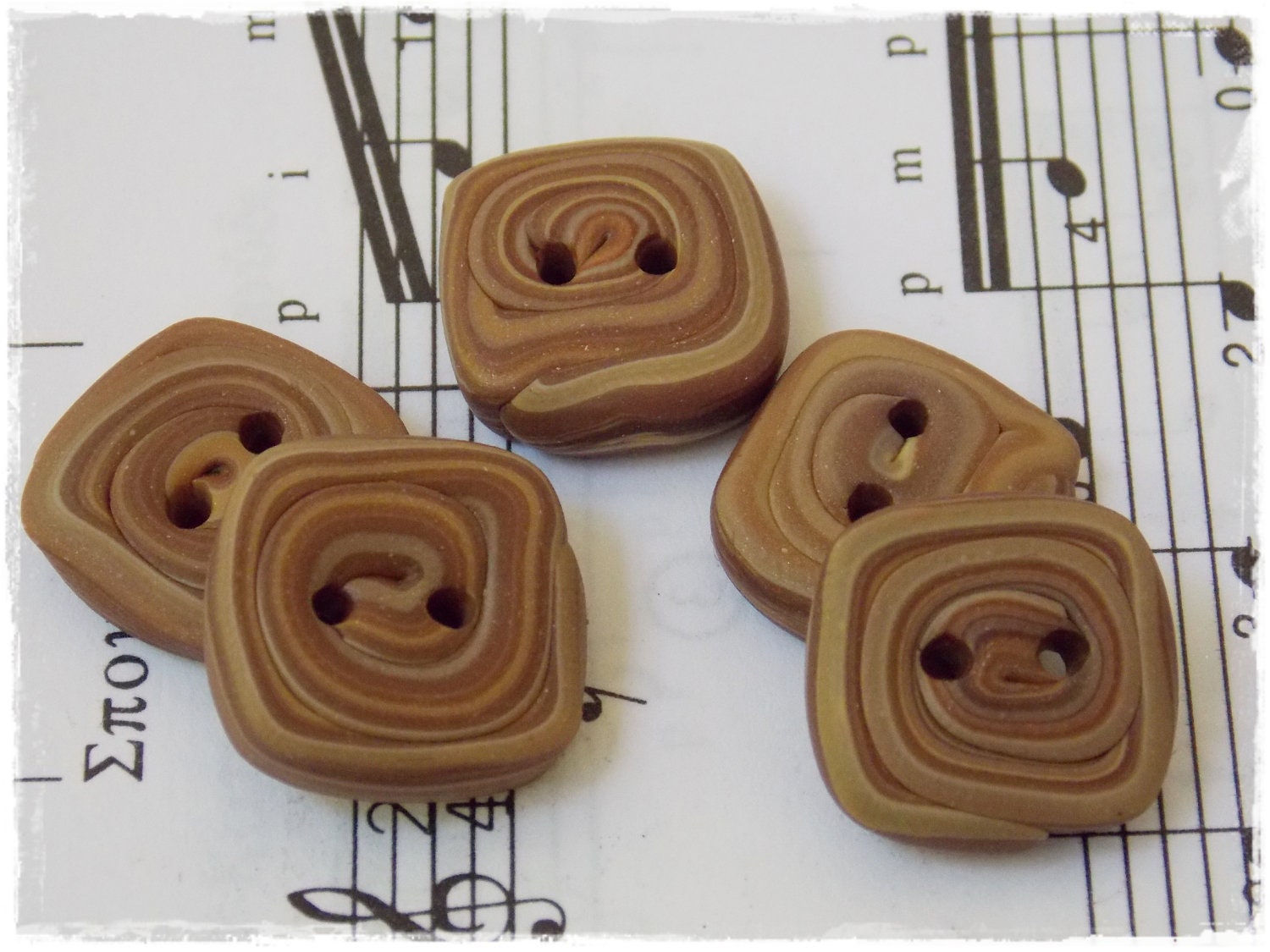 Handmade Polymer Clay Buttons, Square Caramel Brown Buttons (Set Of 5)