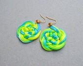 OOAK Ombre Neon Knotted Flower Earrings, Neon Green, Yellow and Turquoise Satin Cord, Turk's Head Knot, Gold Plated, Gift, Summer, Beach