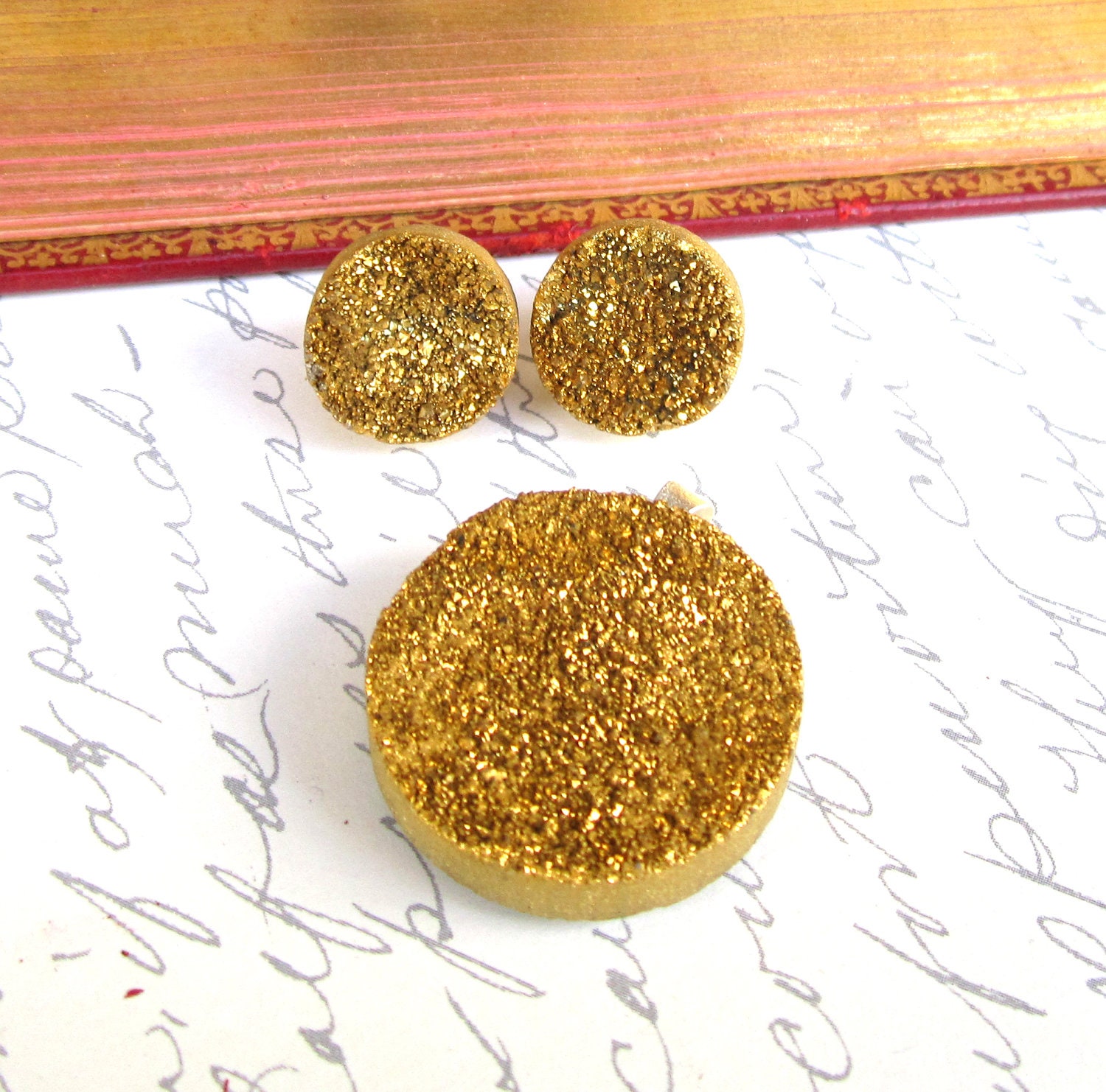 Druzy Drusy Stud Post Earrings and Pendant Set in Gold