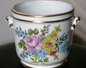 PILLIVUYT  French Cache Pot White Porcelain Planter w/ Handpainted Flowers & Pretty Handles - France
