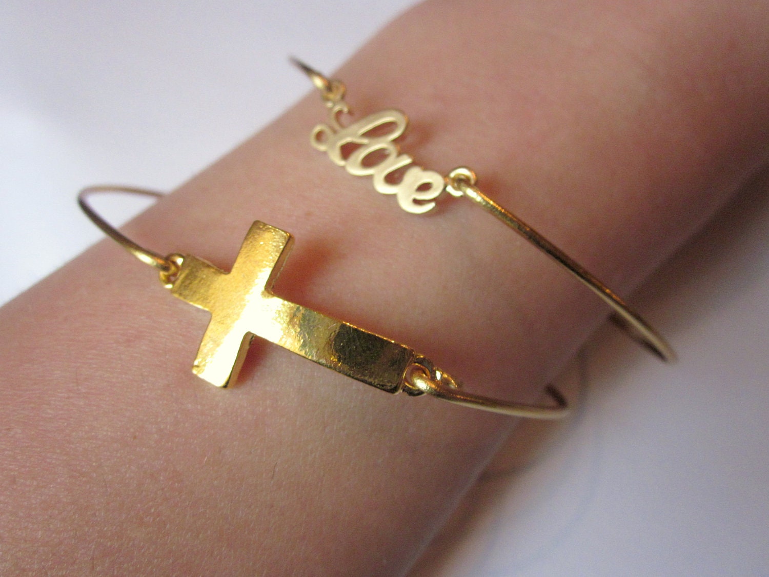 Set of 2 Stackable Bangles - Gold Love Bangle & Gold Sideways Cross Bangle Bracelet - Valentines Gift - Bridesmaid Gift - Gift under 25