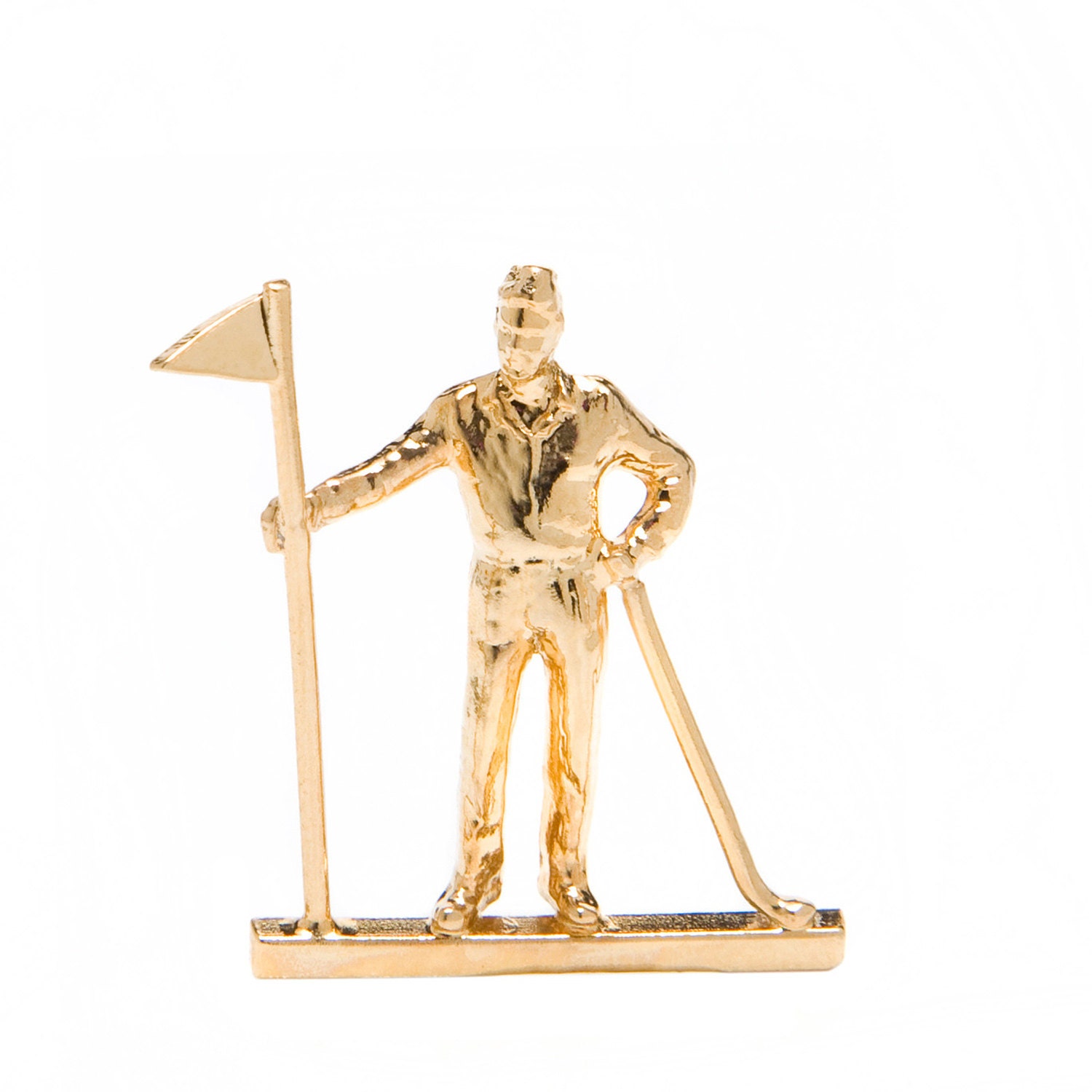 Gold Golfer's Brooch -14k gold plated silver Brooche of a golf player holding a flag.