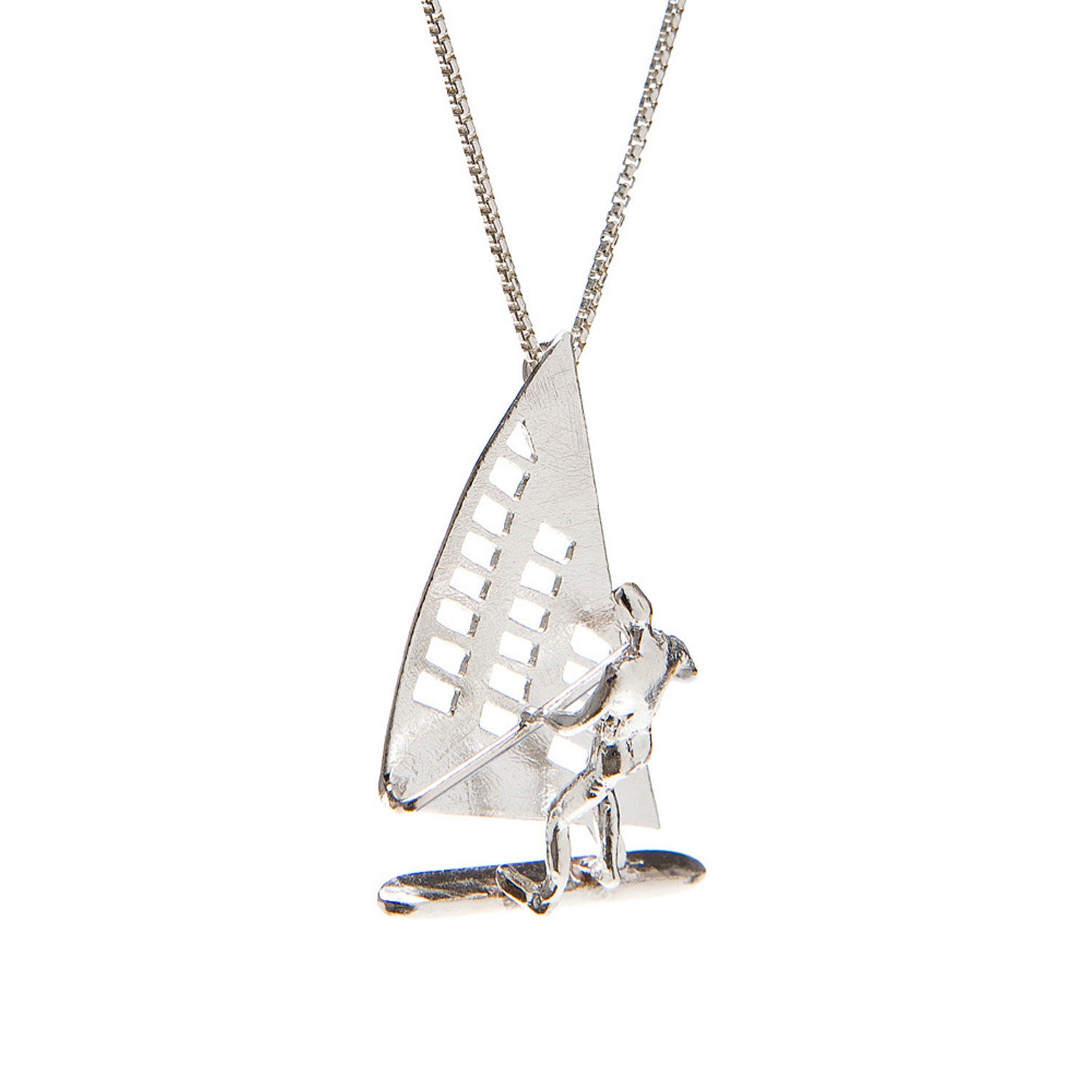 925 silver necklace with a man who's surfing on a wind surfboard.
