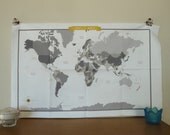 World Map Fabric - modern design print - fat quarter - gray