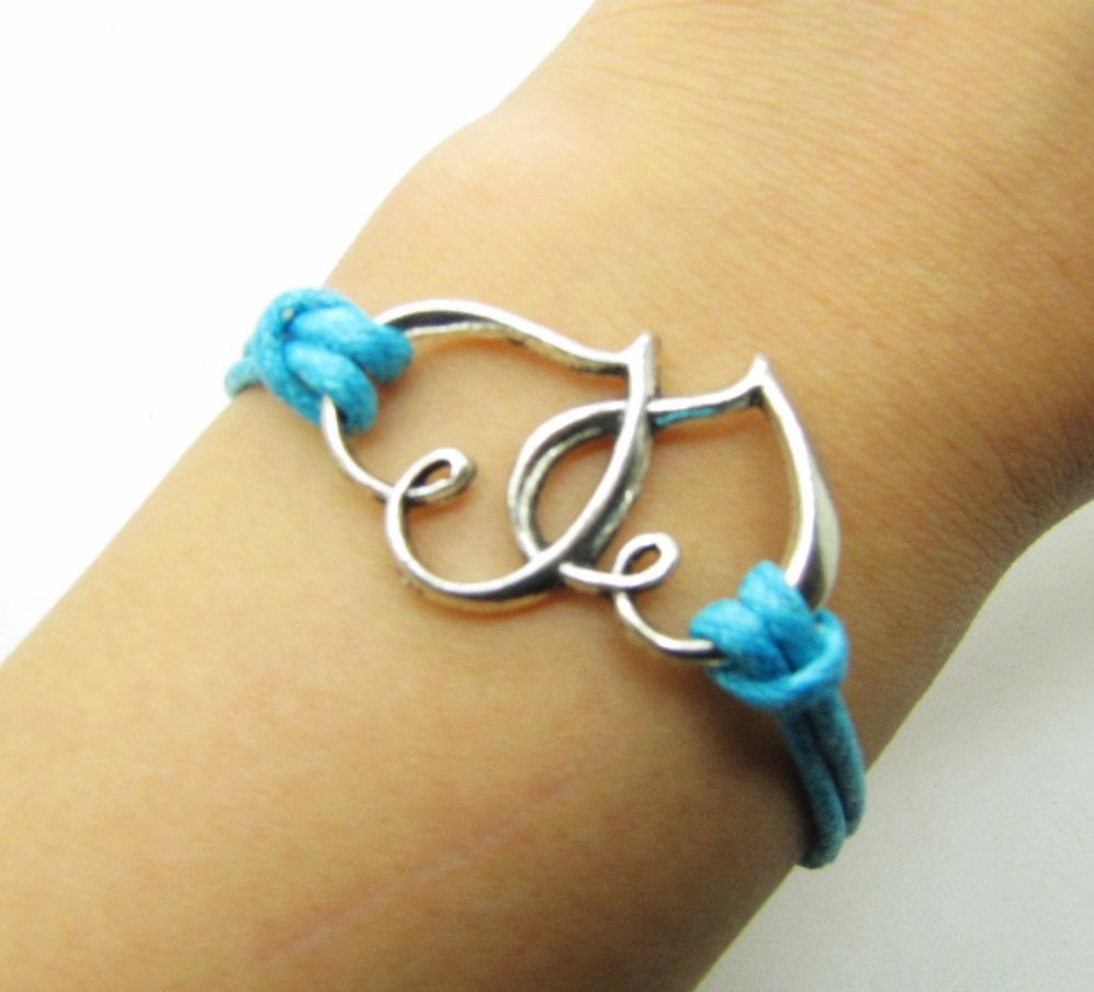 Blue Rope Steampunk Bracelet Heart to Heart adjustable Vintage silver UnisexBow and Heart to Heart Bracelett 1183S