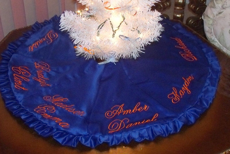 Personalized Gator Christmas tree skirt in Blue and Orange