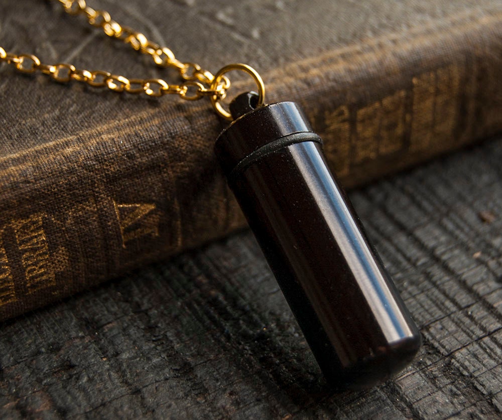 Secret Capsule Necklace - Poison Pill Box - Message in a Bottle - Black Bottle
