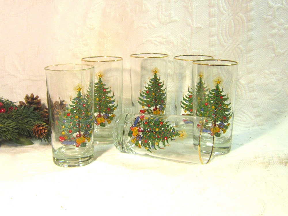 Cuthbertson Highball  Barware Glasses  English Pattern Christmas Holiday Tree Holiday Glasses Traditional at it's Finest