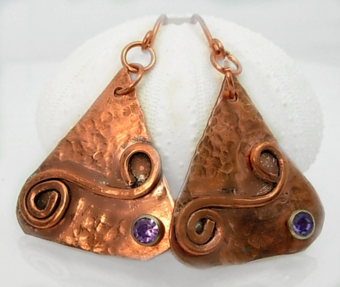 Hammered Copper Artisan Earrings, Purple crystal, Triangle with swirls