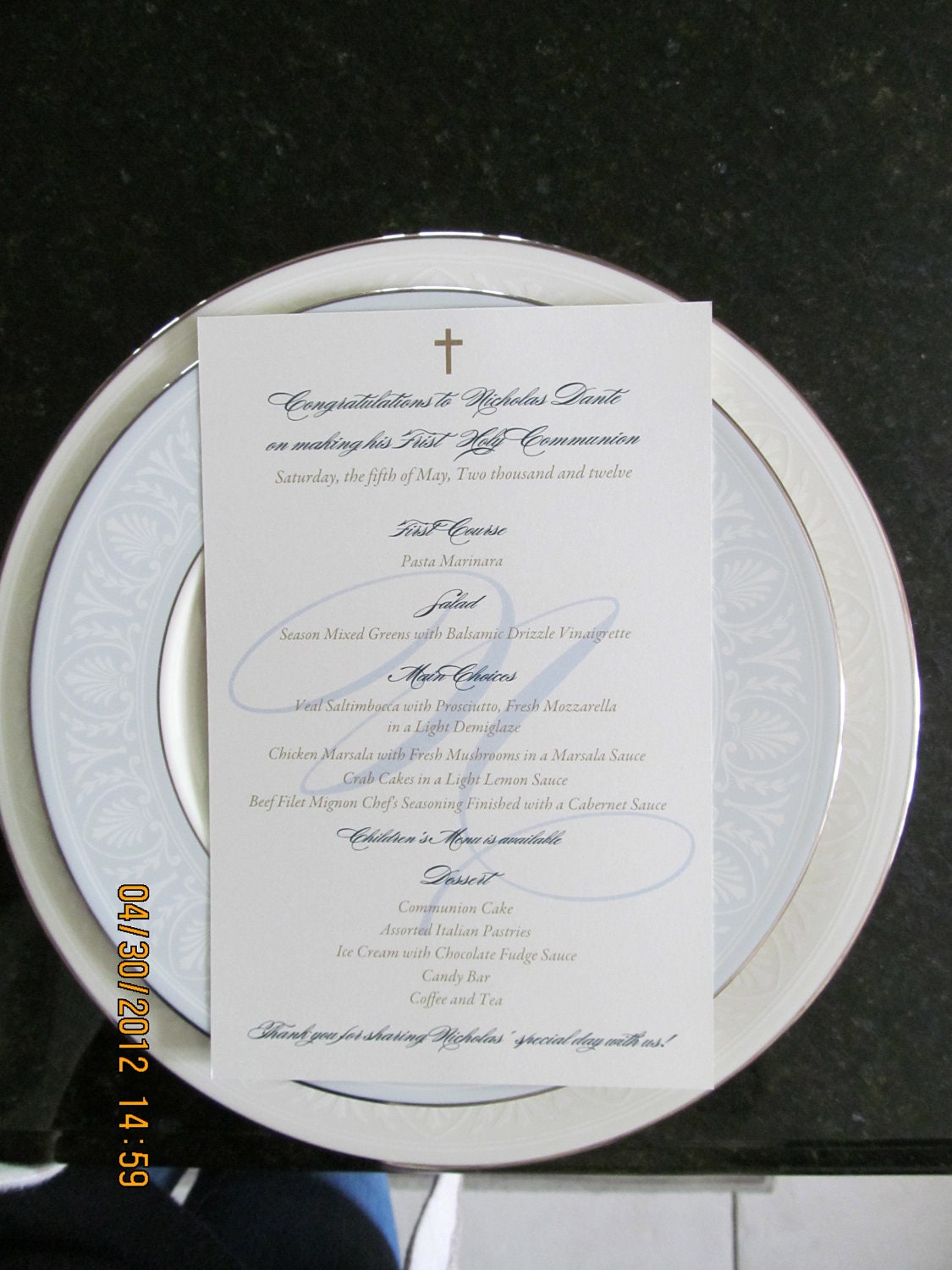 5 x 8 Menu Card to match Sheer Elegance Communion invitation