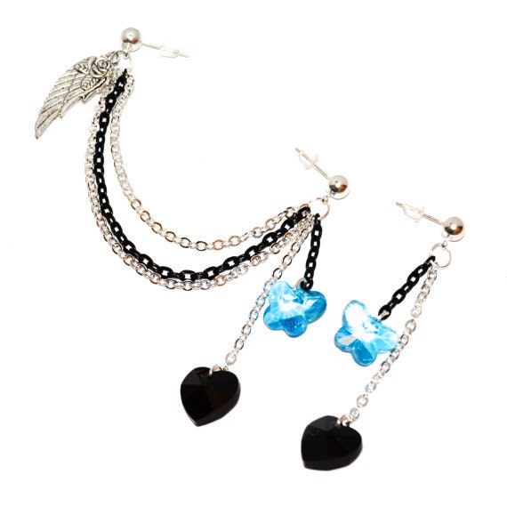 Heart and Butterfly Swarovski Crystal Heart Double Piercing Earring Set