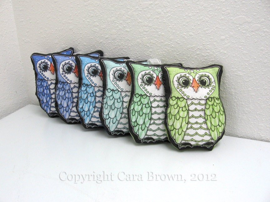 Owl Christmas Tree Ornament fabric art dolls set of 6 blue green decoration