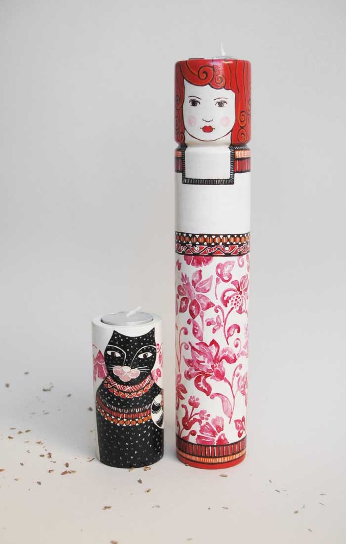 Wooden Candle Holders Candle Sticks Unique Home Decor Art Figurines Woman and  Black Cat
