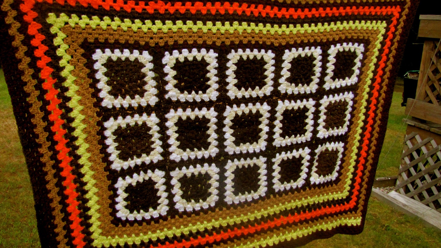 SALE Handmade Vintage Autumn's Favorite Grannie Square Crochet Afghan 51"x42"