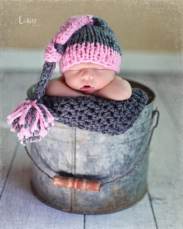 Newborn Hat - Two-toned Mini long-tailed stocking pixie - multiple color combinations - newborn photo prop - knitbysarah - stitches by sarah