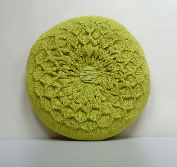 Green Pillow. Knitted Circular Waffle Cushion. Chartreuse Green Pillow Hand Puckered Waffle Design. Round Pillow Medium Size