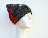 Knit hat asymmetric beanie, soft warm winter hat, red felt decoration, ooak woman hat, unique, asymmetrical, small cap, funny, dark grey