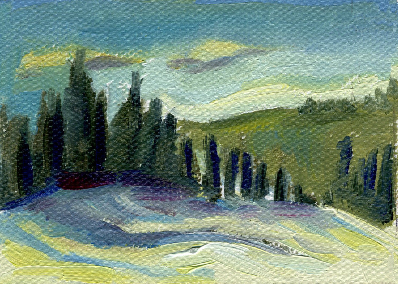 ACEO Winter scene PRINT.   Traditional landscape of trees snow near Bears Ears in Northern Colorado.