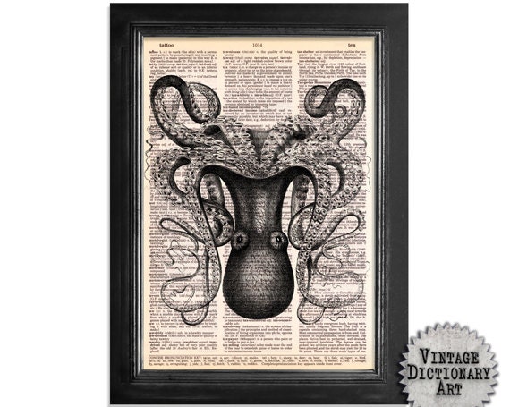 Wonderful Octopus - printed on Recycled Vintage Dictionary Paper - 8x10.5 - Marine Life Art Print
