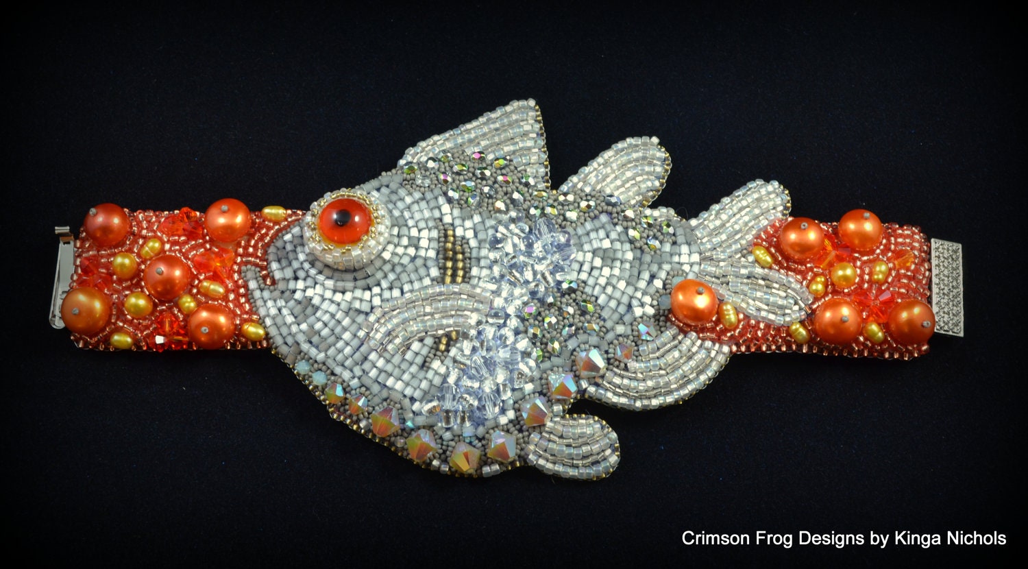 Hatchetfish with orange eye bead embroidered bracelet- fishie bead embroidery cuff bracelet