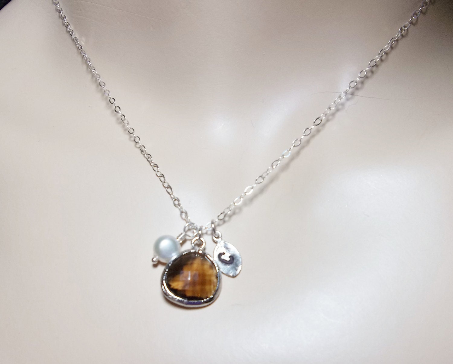 Personalized necklace - Sterling Silver - hand stamped - initial - Topaz - Freshwater pearL -  Bridesmaids - Gift -