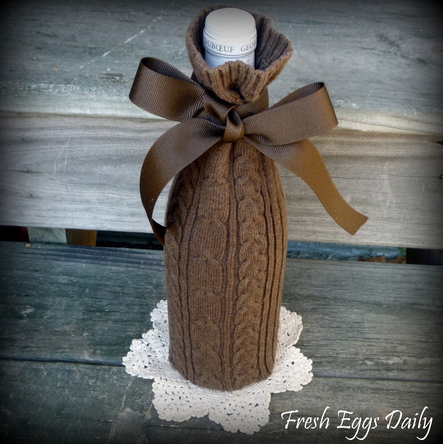 Chocolate Brown Cable Knit Wine Sweater Sock Cozy with Ribbon Bow Holiday Gift Idea from Repurposed Sweater