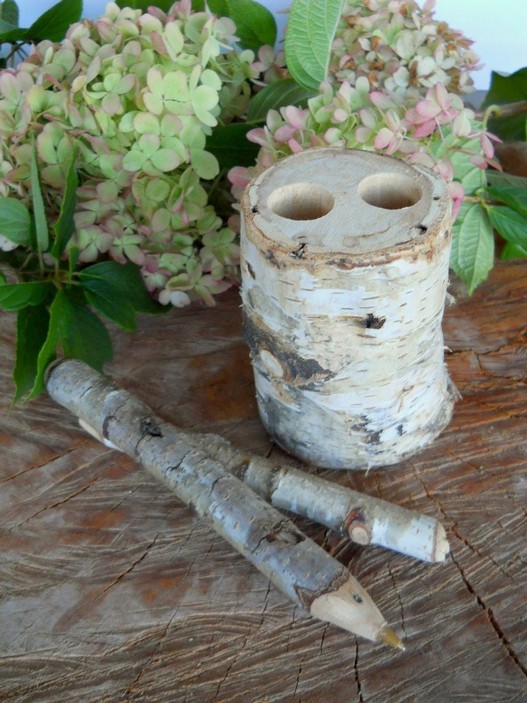 White Birch Wood Pen Holder with matching Twig Pens for Wedding Guestbooks, Reunions, gift giving,