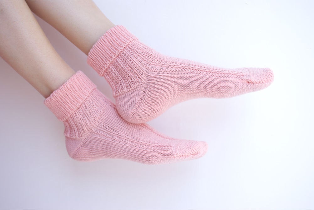 Hand knitted womens wool socks fishnet for her pink pastel