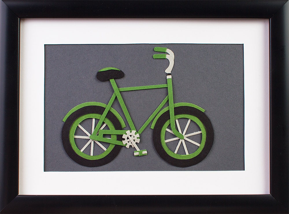 Green Bicycle, 7 x 5. Framed, hand cut paper art.