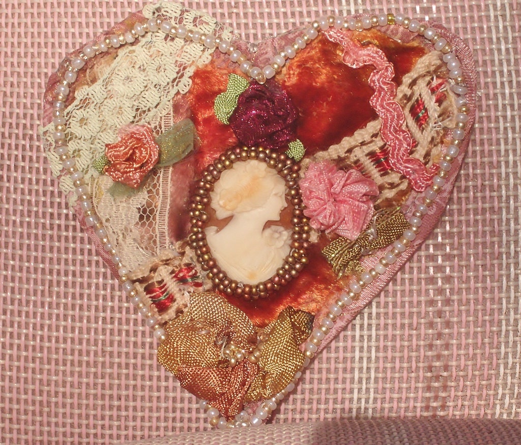 Antique Carved Shell Cameo Pendant Brooch,on Antique Dyed Velvet,Vintage Lace Ribbon Embroidery Flowers,Pearls, Gold, Bronze Seed Beads