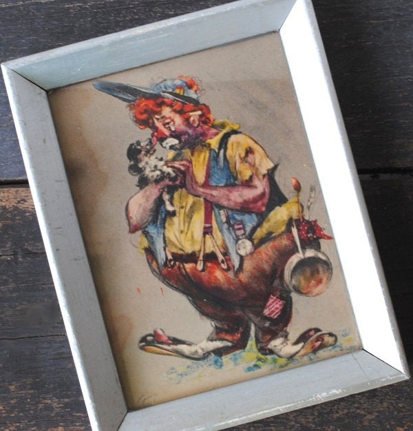 Vintage Drawing Framed Art Cydney Grossman Signed Pastel Sad Clown with Puppy