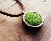 Wood and Grass Necklace, Faux Grass in Genuine Wood Bezel Cup on Leather Chain
