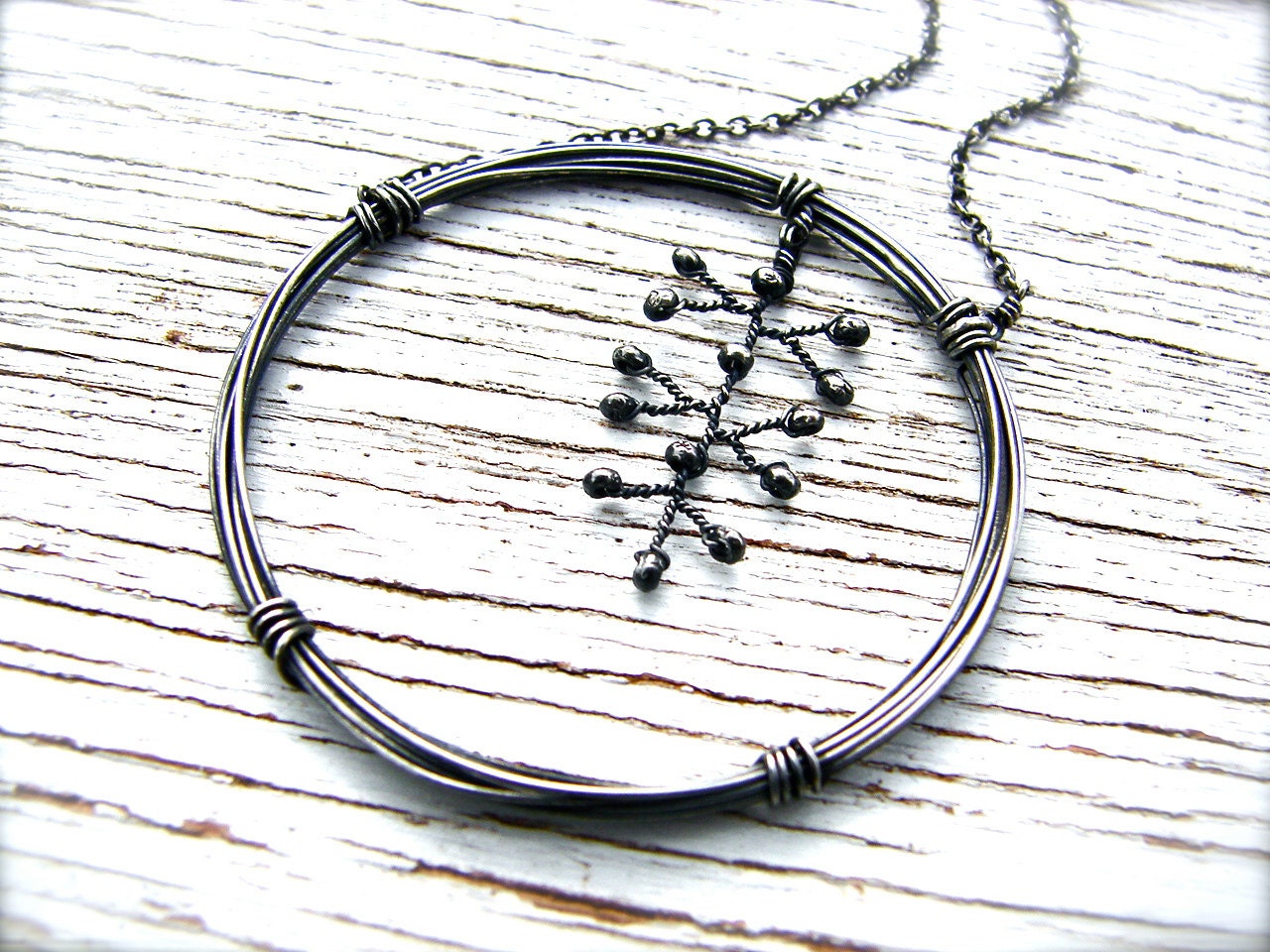 Enso w/ Floating Silver Branch, Circle, Hoop, Minimal, Asian, Zen, Delicate, Toggle, Clasp, Wedding Jewelry, Necklace