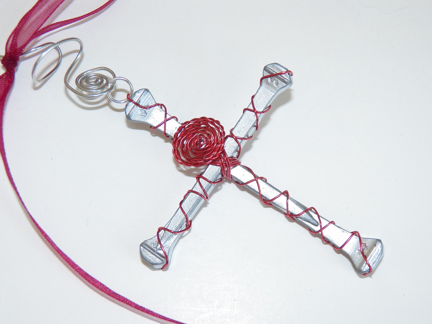 Cross Christmas Ornament Wall Hanging Home Decor Wire Wrapped Horseshoe Nail Cross Red Copper Wire Handmade Montana USA Free Shipping