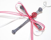 Horseshoe Nail Cross Christmas Ornament Home Decor Wall Hanging Silver Red Copper Wire Wrapped Ribbon Handmade Montana USA Free Shipping