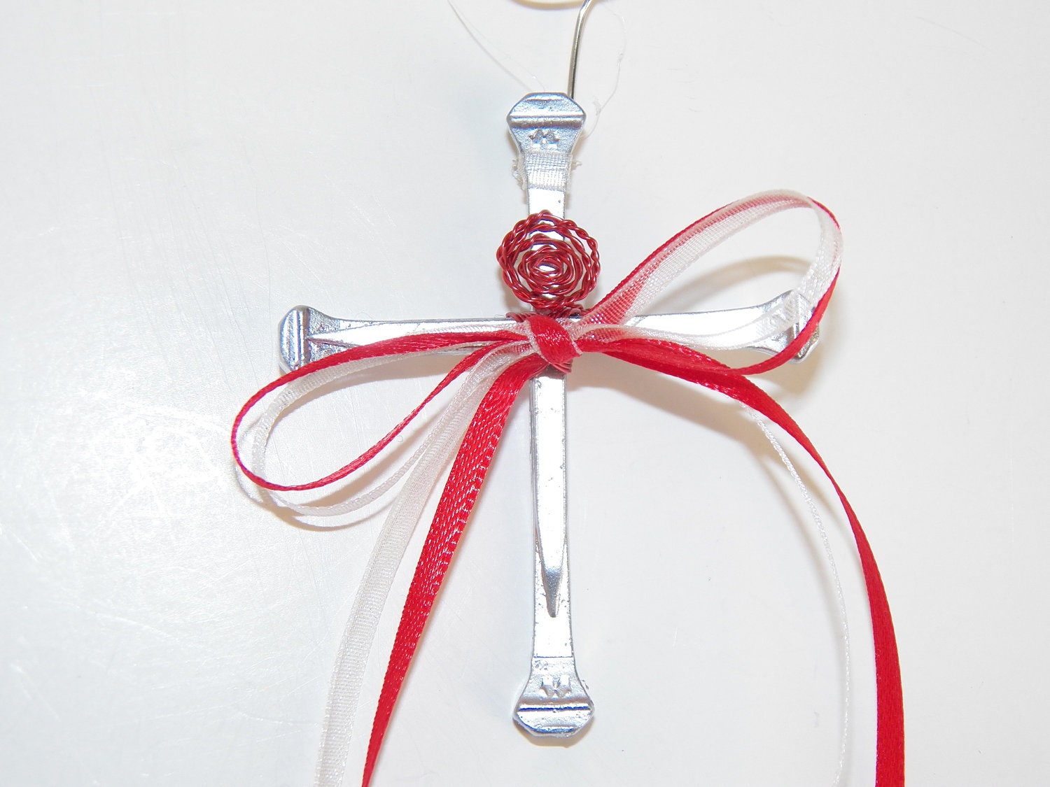 Cross Christmas Ornament Silver Horseshoe Nail Cross Home Decor Wall Hanging Red Wire Wrapped Ribbon Handmade Montana USA Free Shipping