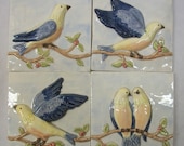 Birds on a Vine Handpainted Ceramic Tiles  -- Set of 4 -- Blues Variation -- Made to Order