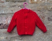 Hand knitted boys red cardigan / jumper and hat . 20" chest.