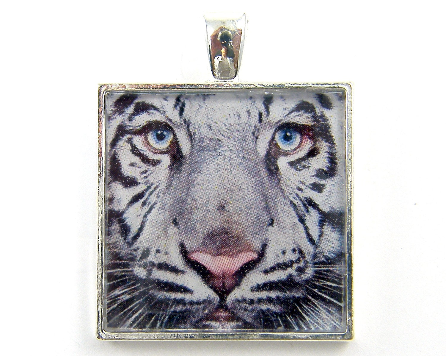 Tiger Pendant - Black White Striped Big Cat Blue Eyes Jungle Wild Animal Nature Jewelry - CharleneSevier