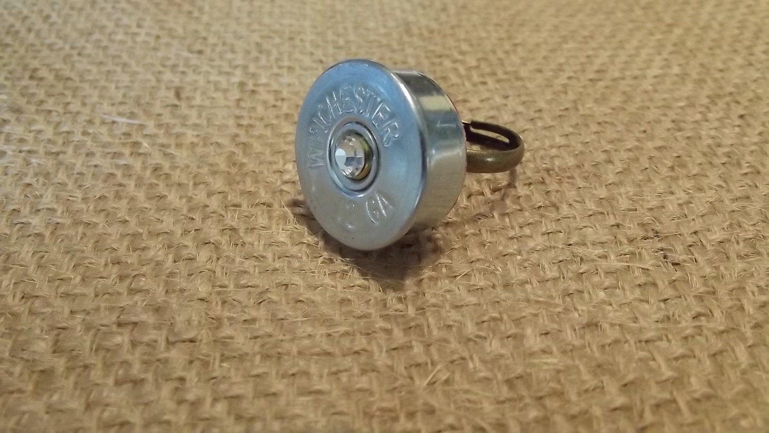 Recycled 12G Winchester Shotgun Shell Redneck Hunting Jewelry Adjustable Ring with Rhinestone Bridesmaid gift