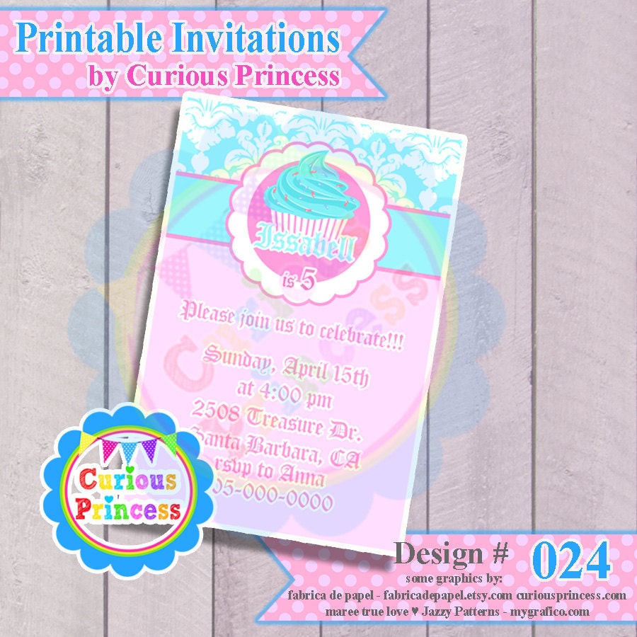 024 cupcake pink turquoise baby girl invitations or thank you cards birthday party PRINTABLE DIGITAL baby shower baptism communion 4x6