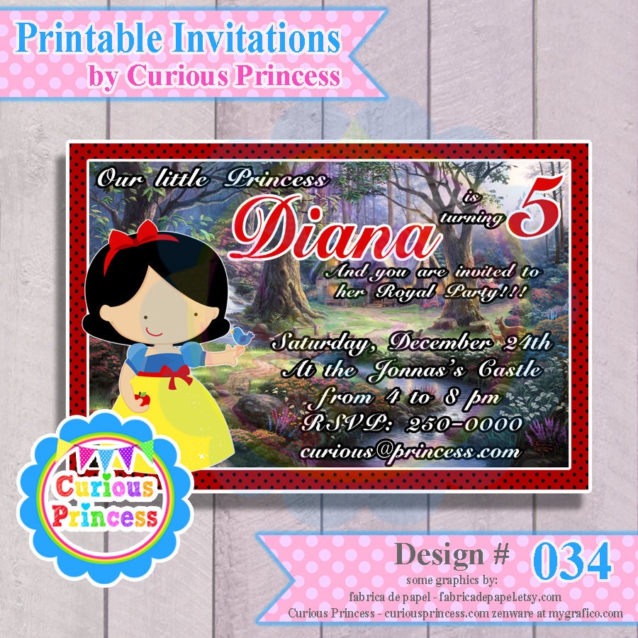 034 Snow white inspired invitations 4x6 PRINTABLE file sent to your email happy birthday invitation