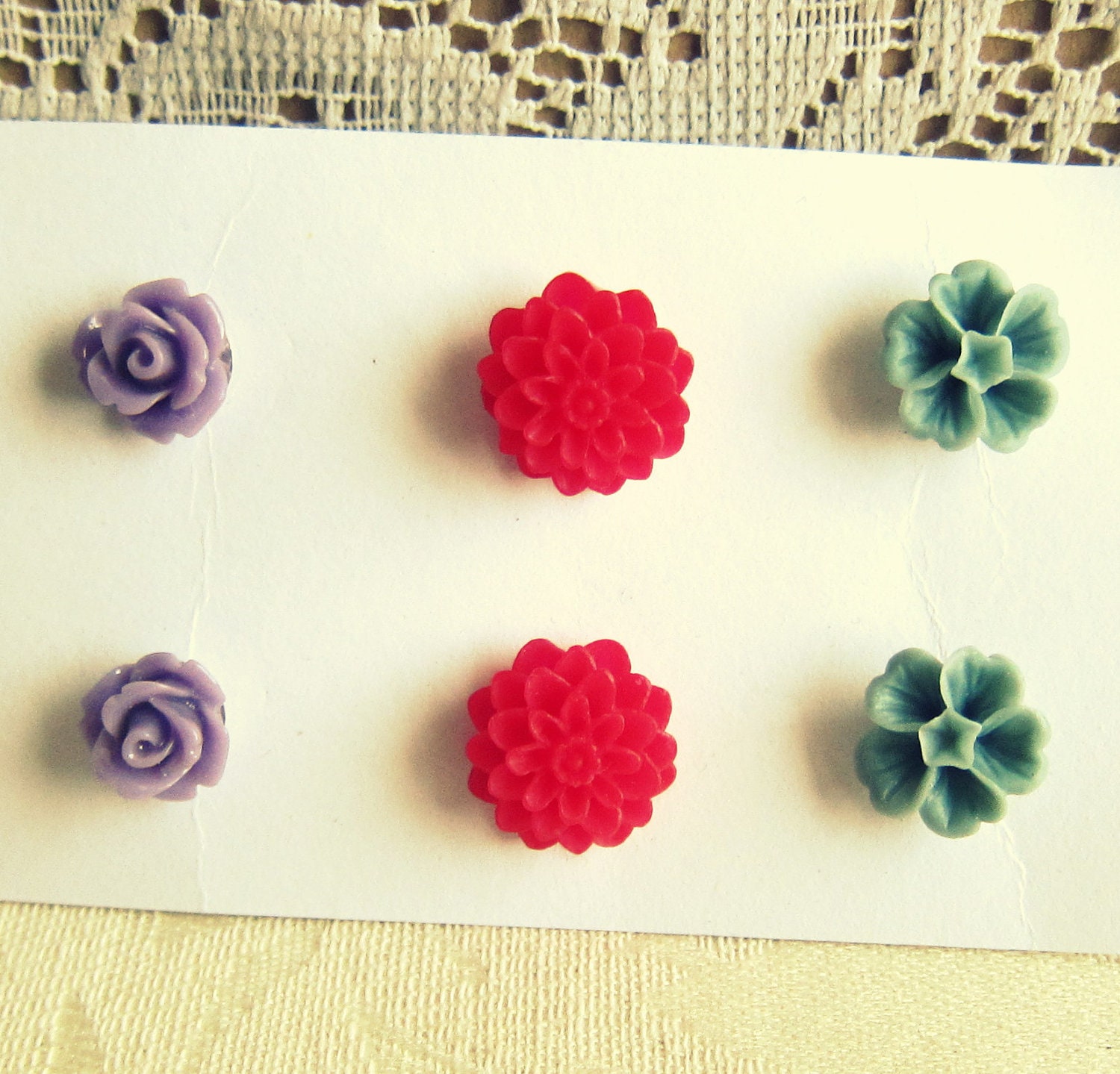 Floral Earrings Studs Post Purple Red Blue Gray Flower Earrings Set Lot of 3 NICKEL FREE Wedding Bridesmaids Gift