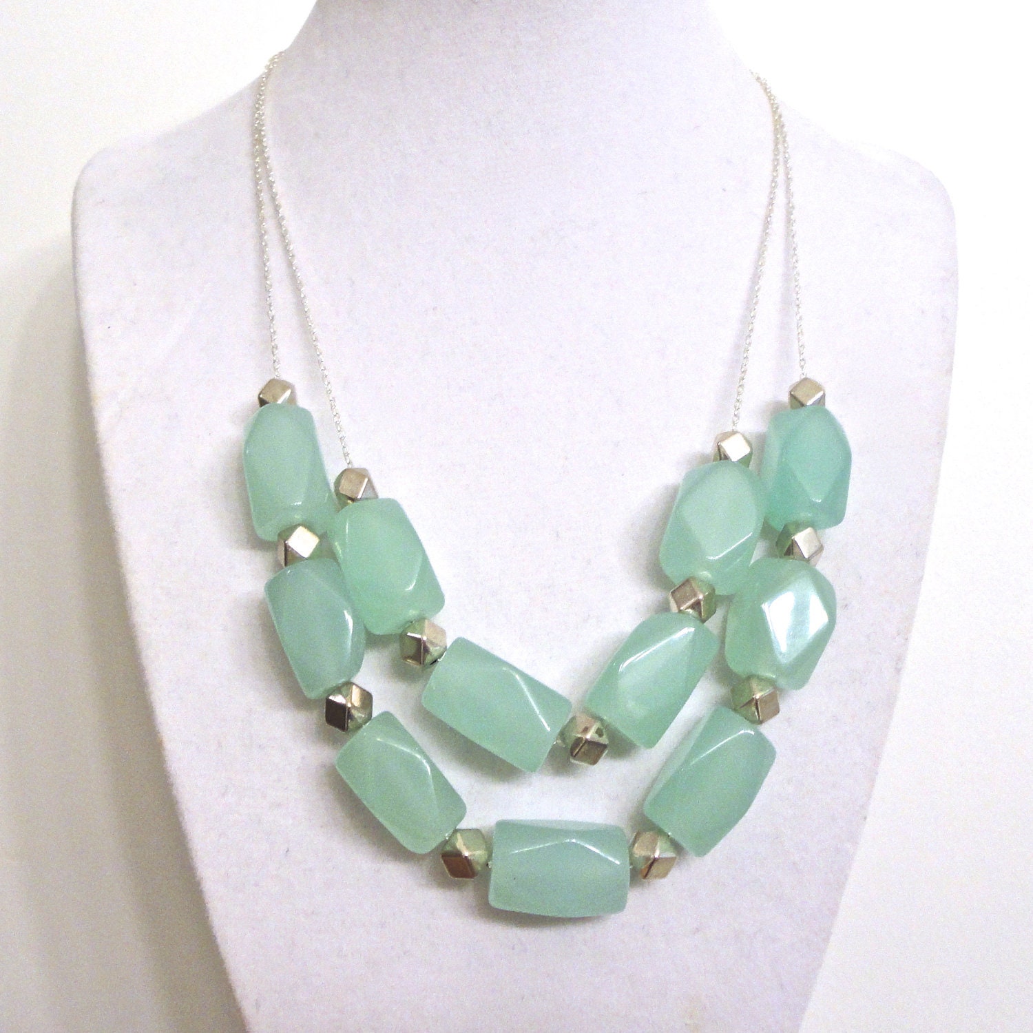Chunky Seafoam Necklace - Double Strand Ice Blue Focal Beaded Jewelry in Sea Foam Blue & Silver