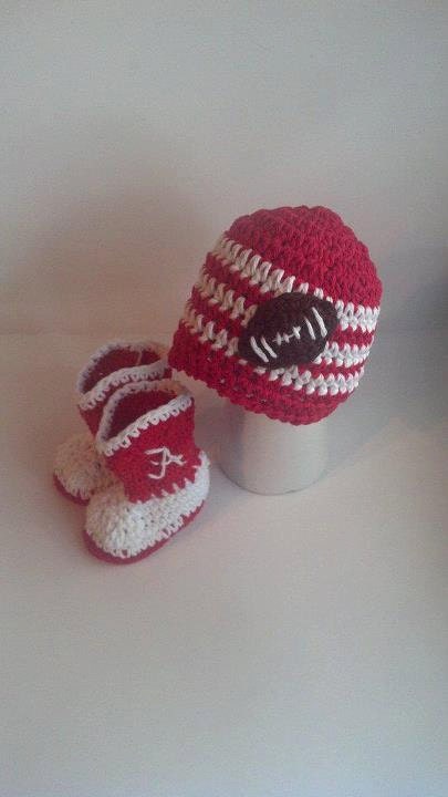 Alabama Baby Boy - Hat and Boot Booties Set - Crochet Football Hat and Boots - Crimson Red