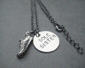 SOLE SISTER Round Pendant with Running Shoe - Running Necklace - Running Buddy - Hand stamped 18 inch gunmetal chain