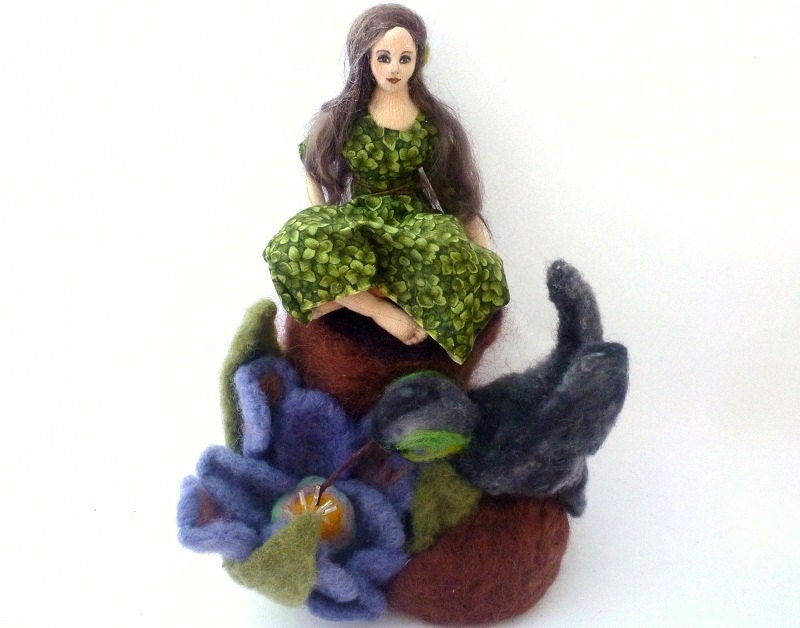 Cloth fairy Art Doll needle felt hummingbird soft sculpture