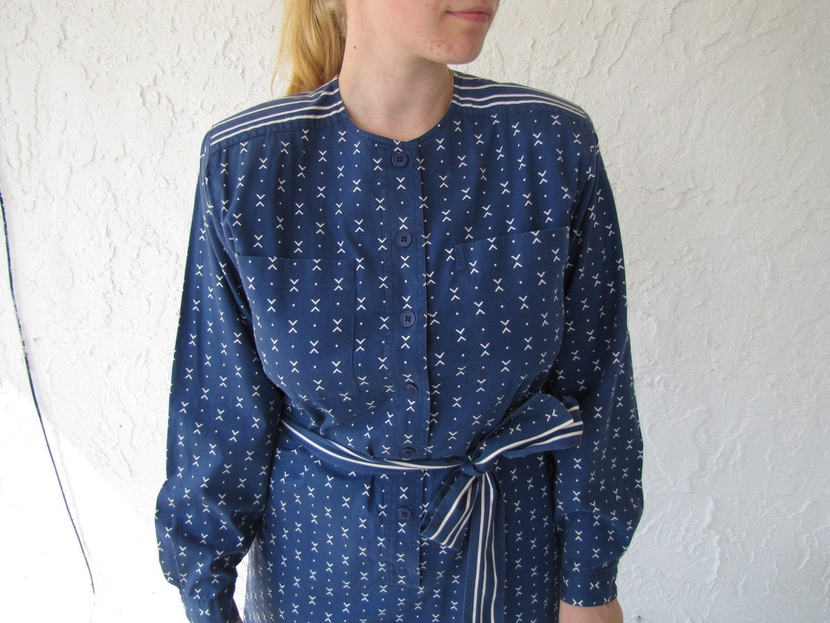 Navy Dress Cotton Tribal Print 80s Vintage with pockets